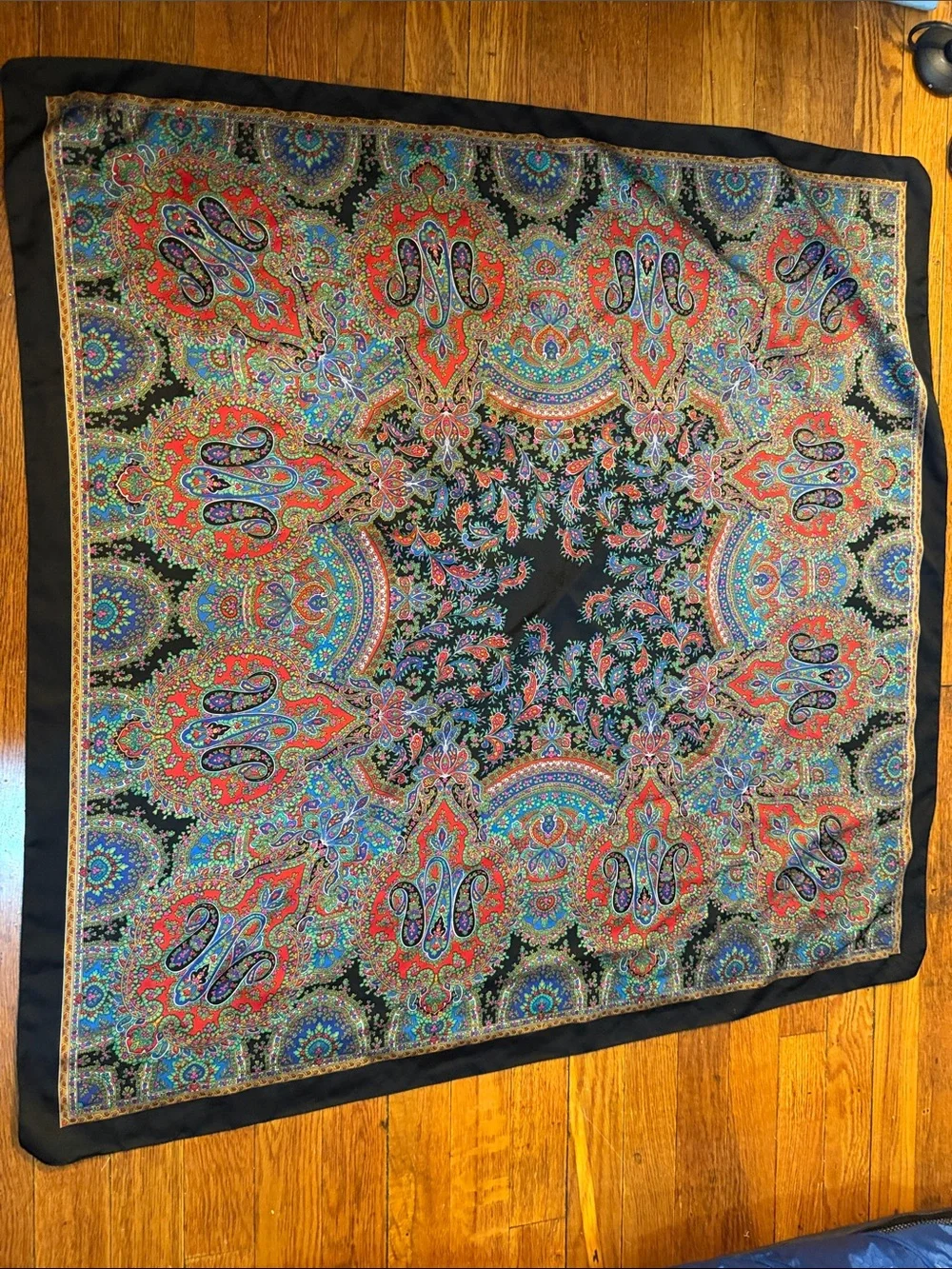 Vintage Black Multicolor Paisley Silk Scarf